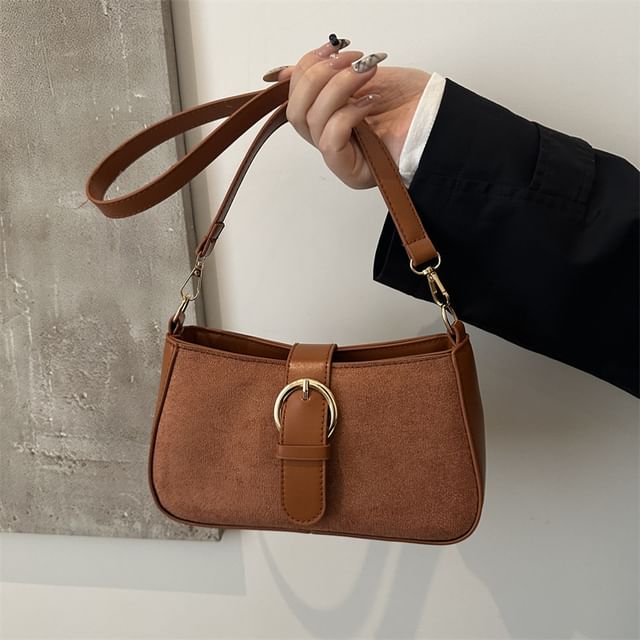 Mulgam-Buckled Panel Faux Suede Shoulder Bag