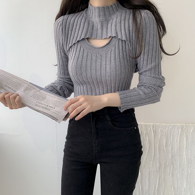 Yolandus Set: Mock Neck Plain Ribbed Asymmetrical Cropped