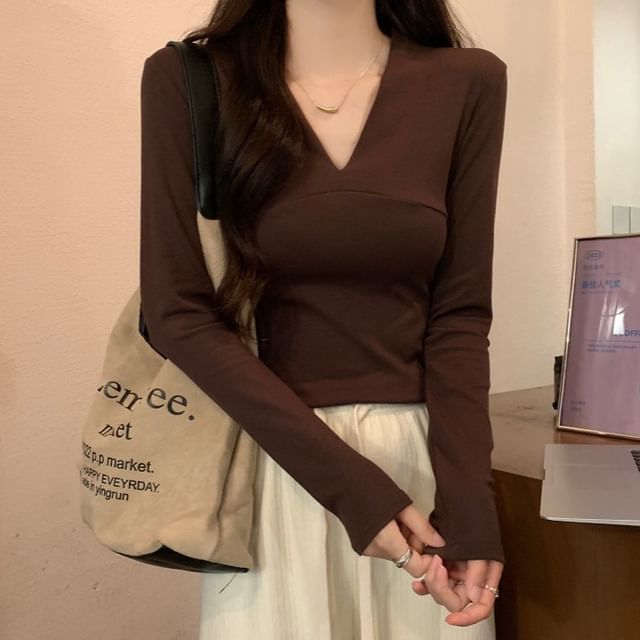 OGAWA-Long-Sleeve V-Neck Plain Tee