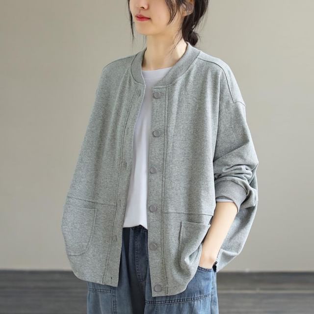 INEN-Plain Button Bomber Jacket