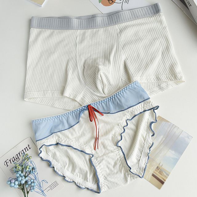 Pancherry - Couple Matching Set: Ruffled Panty + Pinstriped Undershorts