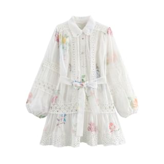 Firebird Long Sleeve Peter Pan Collar Floral Print Lace Trimmed Mini A-Line Dress Sale