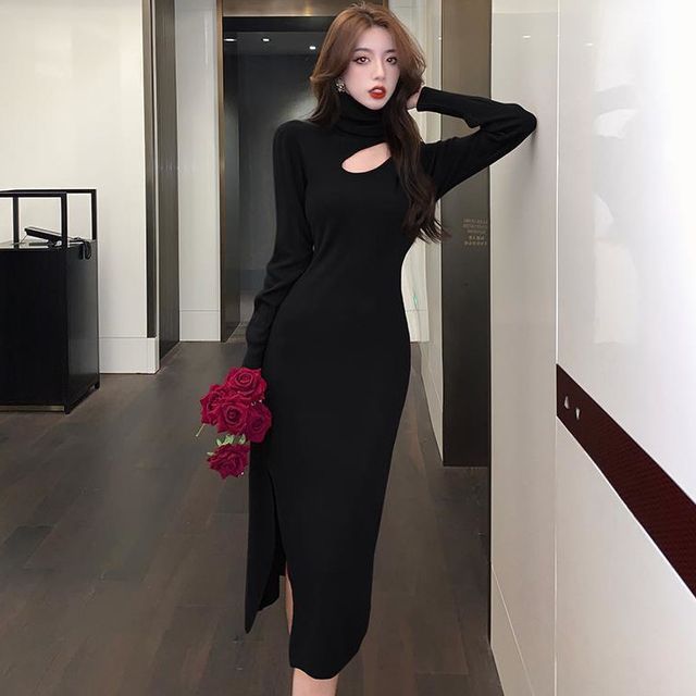 Hulkoplein - Long-Sleeve Turtleneck Plain Cutout Slit Knit Midi Sheath Dress  | YesStyle