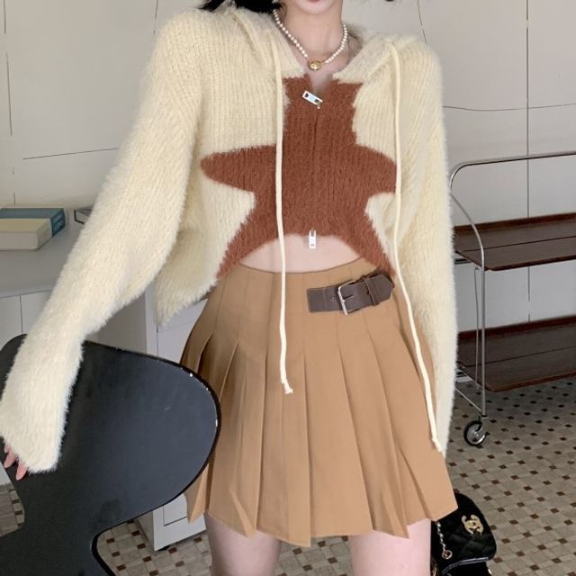 Okalpis LongSleeve Star Pattern Cropped Knit Hooded Jacket / High