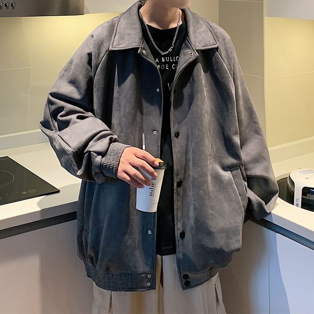 Phoneus-Collared Plain Faux Suede Button-Up Jacket