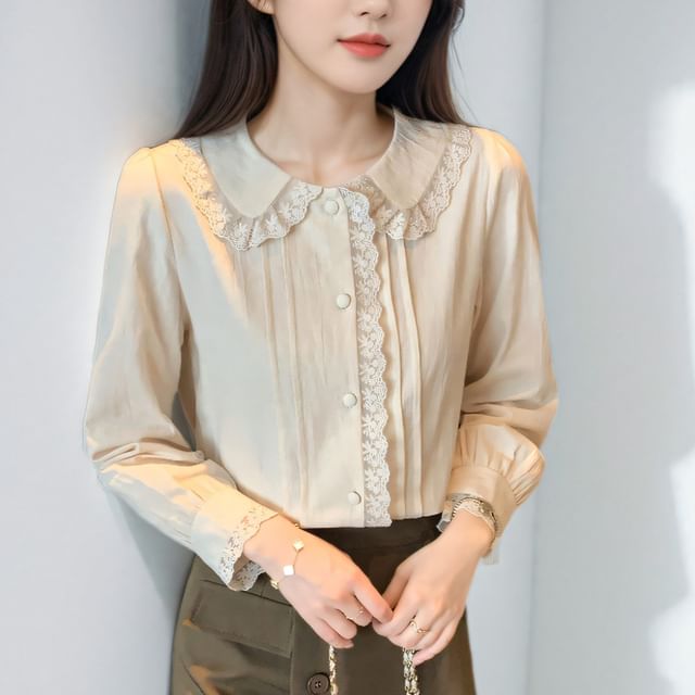 Dragan Pulse-Long-Sleeve Plain Lace Trim Pintuck Blouse