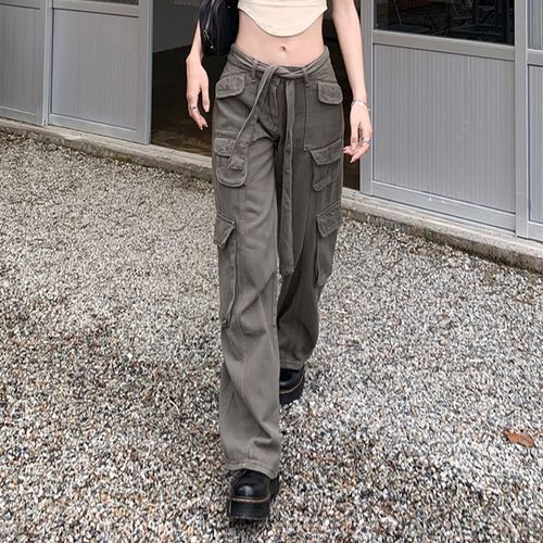 Low Rise Plain Wide Leg Cargo Pants