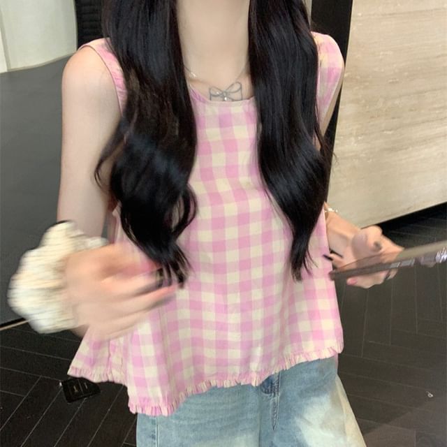 Trendycas-Sleeveless Crew Neck Plaid Blouse