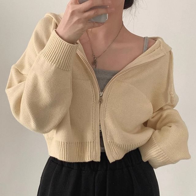 Coris-Drop Shoulder Plain Zip Up Cropped Knit Hoodie