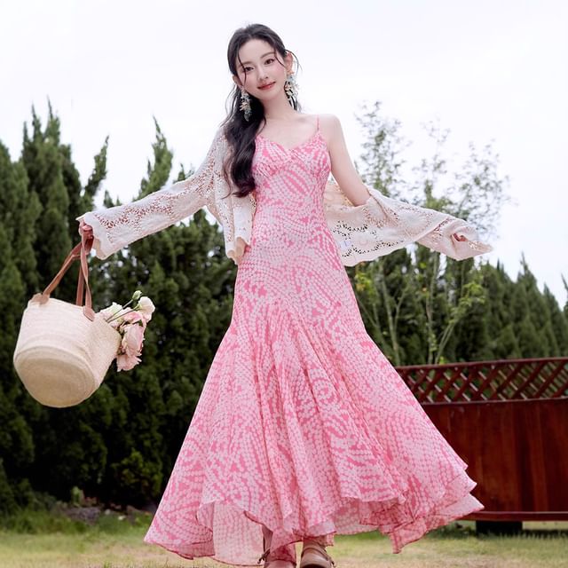 Cocaliso Spaghetti Strap V-Neck Polka Dot Ruffle Maxi A-Line