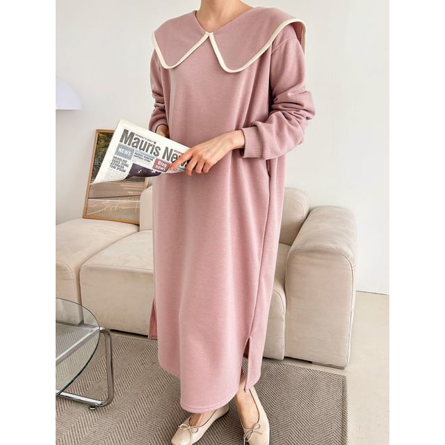 Chubby Girl - Long-Sleeve Sailor Collar Contrast Trim Loose-Fit Midi Dress  | YesStyle