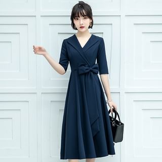 Wonhi Short Sleeve V Neck Plain Midi A Line Dress Sale