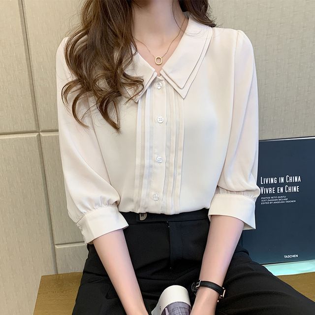 Elbow-Sleeve Double Collar Blouse