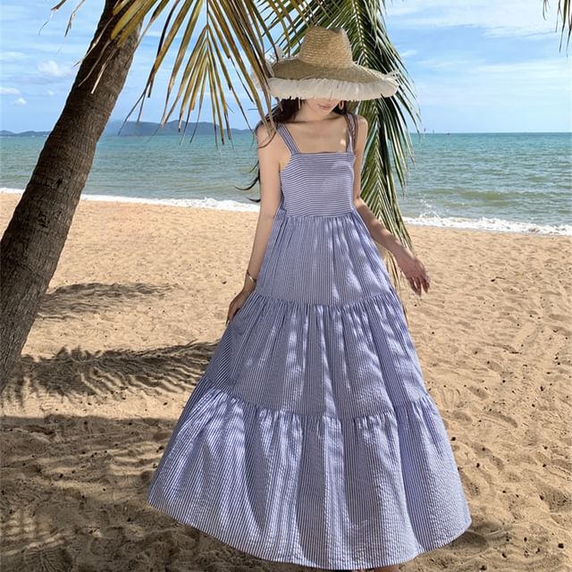 chinese dress ladies Victoria Navy Stripe Tiered Midi Dress