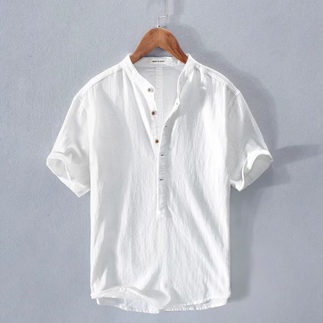 DragonRoad - Short-Sleeve Band Collar Plain Half Placket