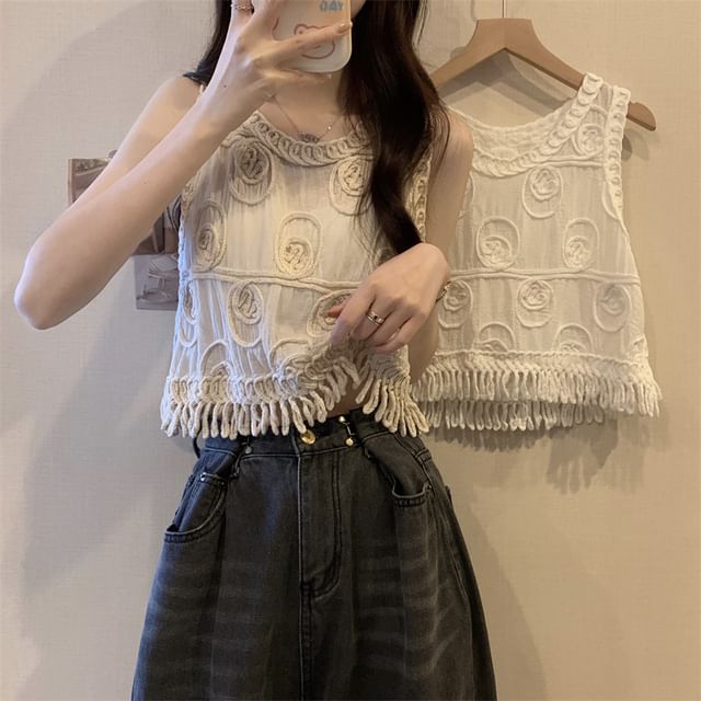 Juuri-Sleeveless Round Neck Plain Fringe Top