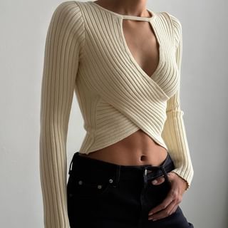 Bulgaris Long Sleeve Crew Neck Plain Keyhole Ribbed Crop Top Sale