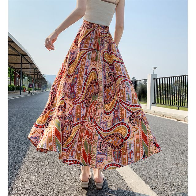 Juuri Elastic Waist Paisley Print Maxi A-Line Skirt YesStyle