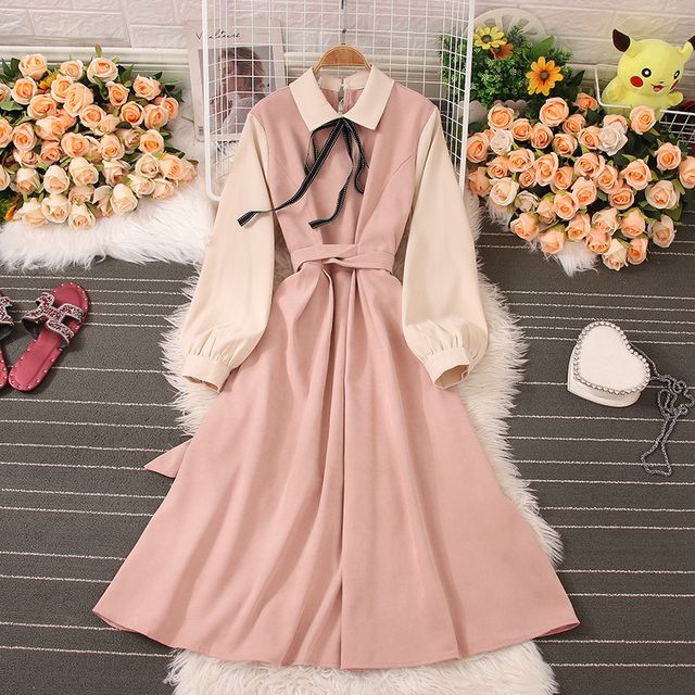 Knutsford LongSleeve Collar Two Tone Midi ALine Dress YesStyle