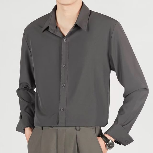 Naideth-Long-Sleeve Button-Up Plain Shirt
