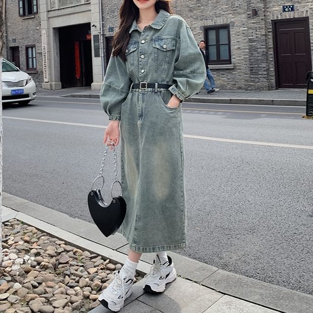 Tzarkozy - Long Sleeve Lapel Collar Washed Denim Midi Shirt Dress | YesStyle