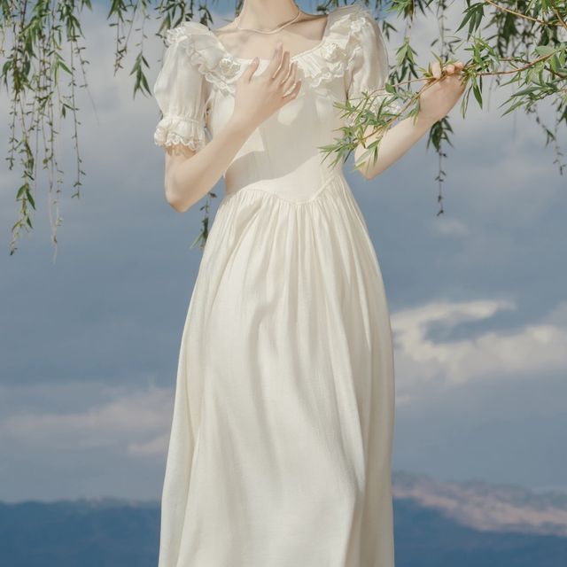 cottagecore dress yesstyle Yolandus - Puff Sleeve Square Neck Floral Print Ruched Midi A-Line Dress