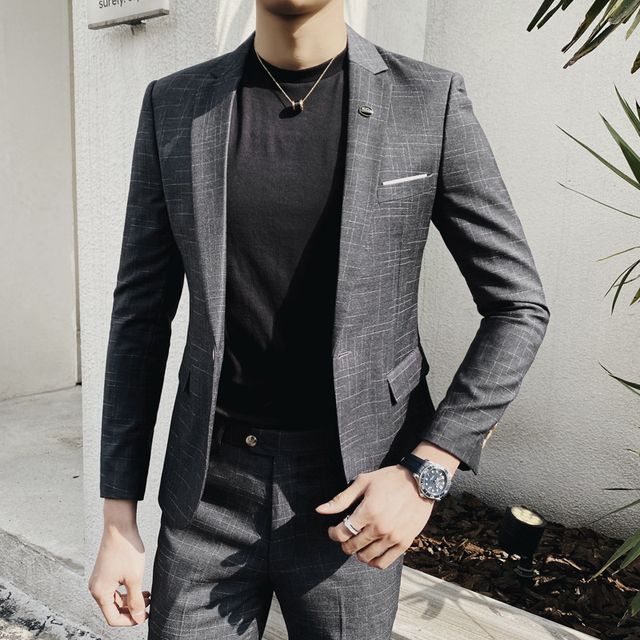 Sheck-Set Single-Breasted Plaid Blazer Dress Pants