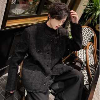 Orungeetun-Crew Neck Glitter Fringed Button-Up Tweed Jacket