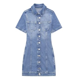 SugaYuja - Short-Sleeve Collar Washed Button Denim Mini Sheath Dress |  YesStyle