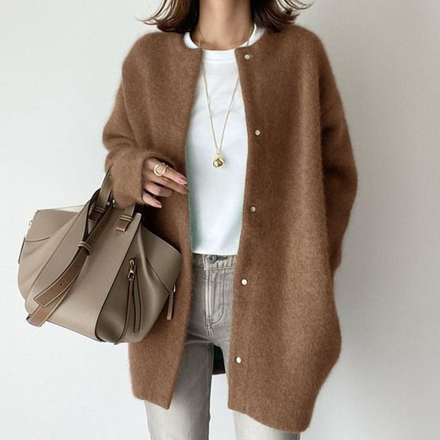 Supernova-Crew Neck Plain Button-Up Coat