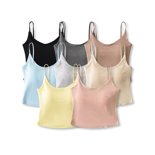 Asiris-Spaghetti Strap Scoop Neck Plain Crop Cami Top