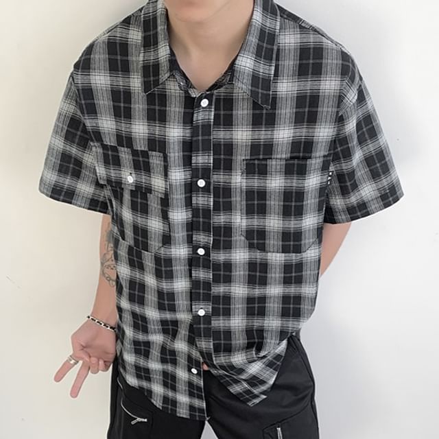 Mimiyox-Short Sleeve Collared Plaid Cargo Shirt
