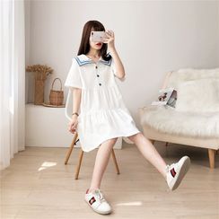 Honos - Elbow-Sleeve Collared Tiered Mini A-Line Dress
