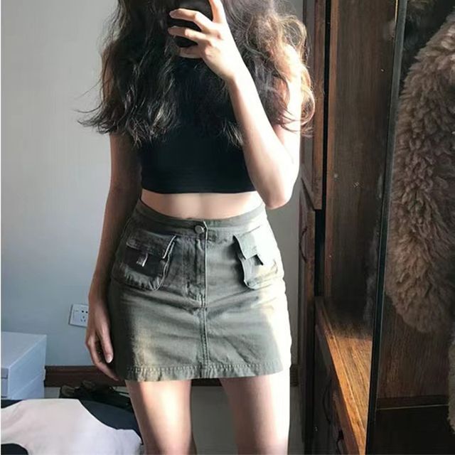 Everose-High Rise Plain Mini Pencil Cargo Skirt