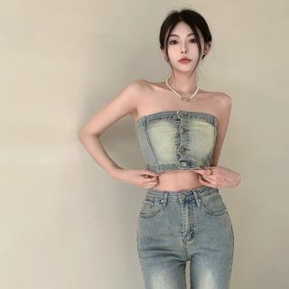 Kizmi Denim Button-Up Crop Tube Top Mid Rise Skinny Jeans