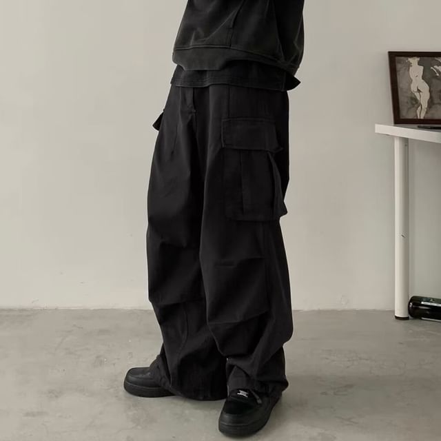 Adothuiastic-Drawstring Waist Plain Wide Leg Cargo Pants