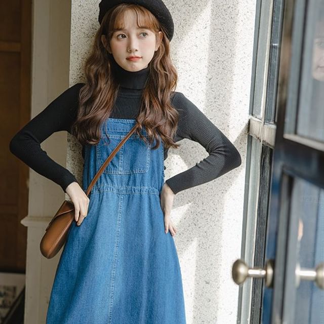 sansweet - Set: Long-Sleeve Turtleneck Plain Top + Denim Dungaree Dress |  YesStyle