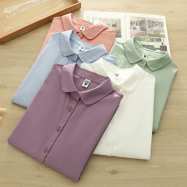 PANDAGO-Long Sleeve Lapel Collar Plain Button Up Shirt