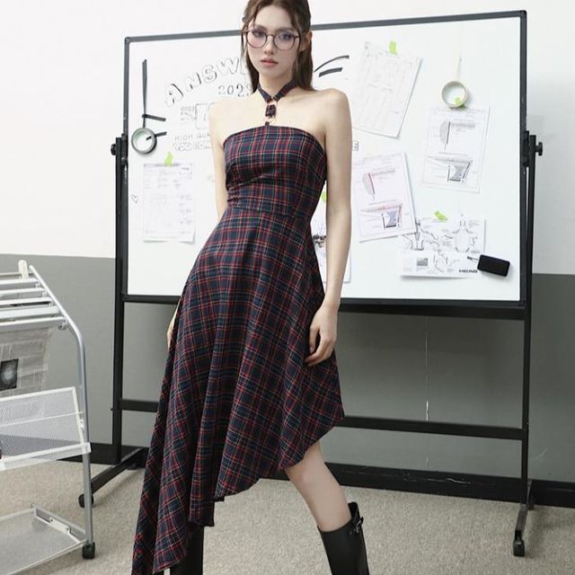 navy blue dress for baby girl Fresiea - Halter Plaid Asymmetrical Midi A-Line Dress