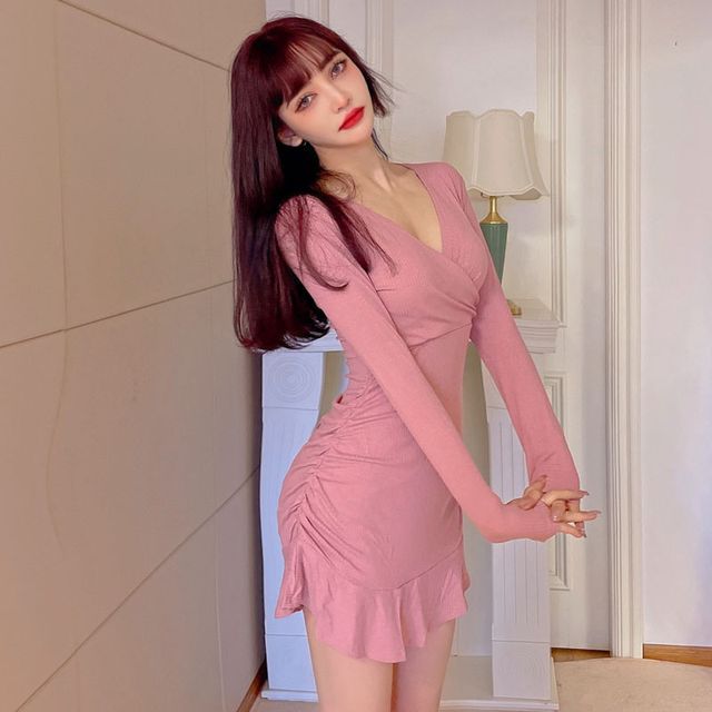 one piece dress bodycon 1990 Azzedine Alaia Blush-Pink Ribbed Knit Long Sleeve Bodycon Dress main image 0