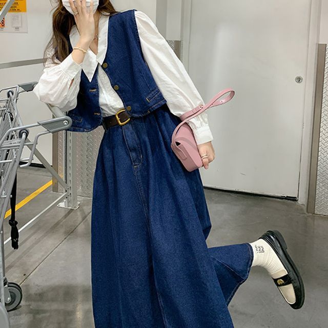 Ango - Set: V-Neck Button-Up Denim Vest + High Waist Midi A-Line Skirt | YesStyle Ango - Set: V-Neck Button-Up Denim Vest + High Waist Midi A-Line Skirt | YesStyle