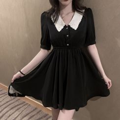Windflower - Short-Sleeve Collar Mini A-Line Dress Windflower - Short-Sleeve Collar Mini A-Line Dress