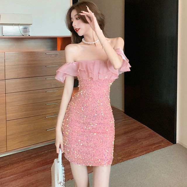 strapless open back dress Symphony Dress - Extra Large Bow On One Shoulder Glitter Mini Dress main image 0