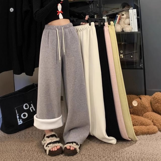 Trendycas-Drawstring Waist Plain Wide Leg Pants