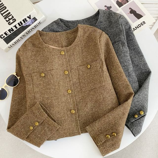 Iasia-Round Neck Melange Tweed Button Jacket