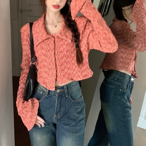Long-Sleeve Collared Asymmetrical Button-Up Crop Knit Top
