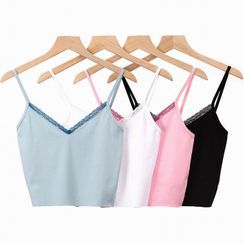 Hollahop - Lace Trim V-Neck Cropped Camisole Top Hollahop - Lace Trim V-Neck Cropped Camisole Top