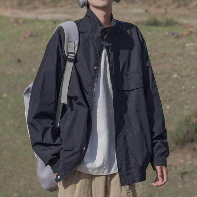 WidoWilder-Stand Collar Plain Zip-Up Cargo Jacket