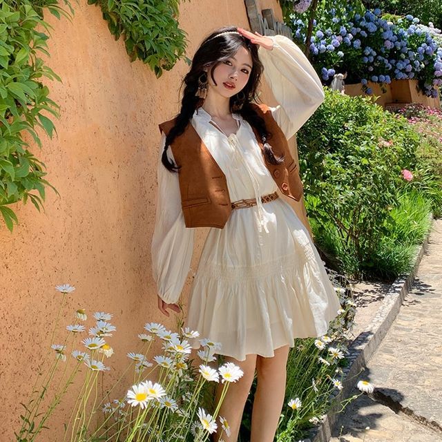 Puff-Sleeve Plain Drawstring Mini A-Line Dress / V-Neck Plain Button-Up Vest / Belt Puff-Sleeve Plain Drawstring Mini A-Line Dress / V-Neck Plain Button-Up Vest / Belt