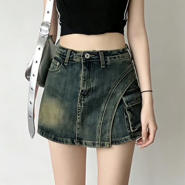 Strawolf-High Waist Asymmetrical Denim Skort